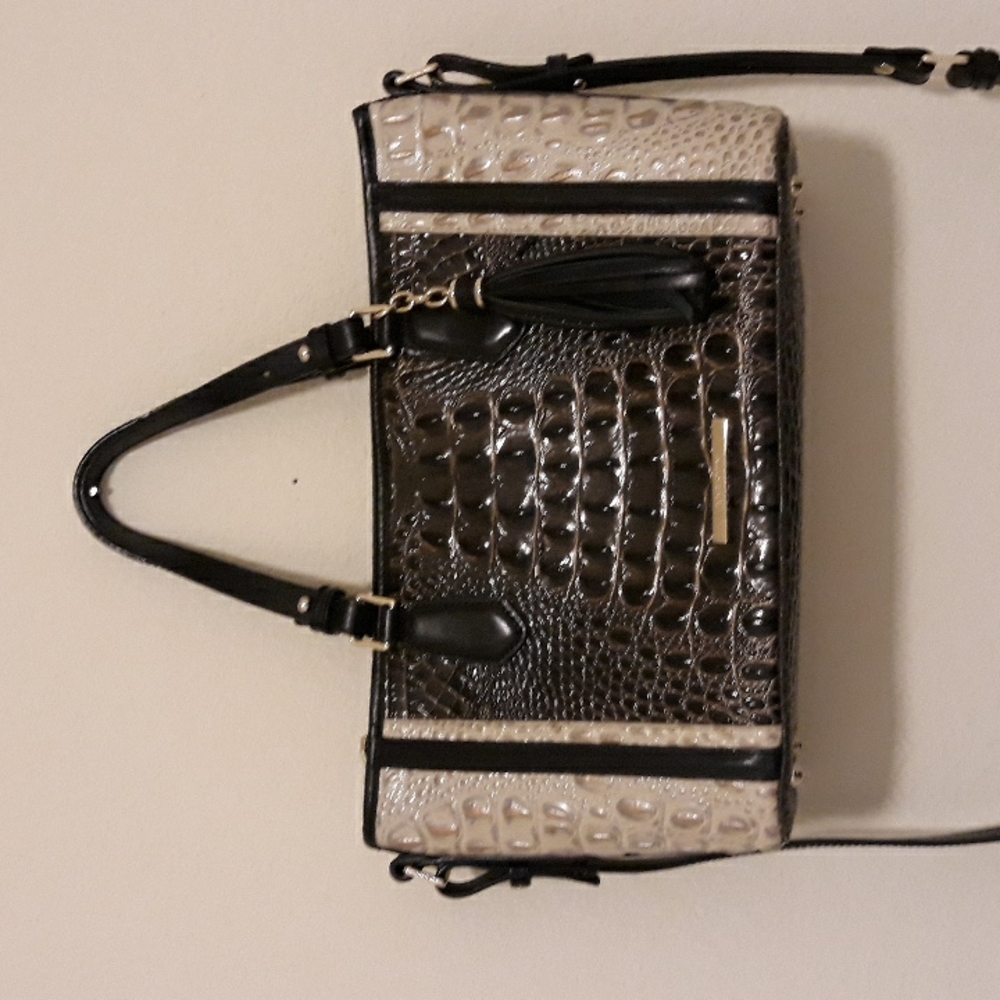 Blackish and Cream Croc-Embossed Satchel Handbag